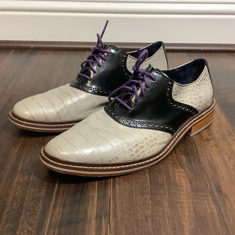 Cole Haan Williams Saddle Shoes Mens 9.5M Black Cream Croc Embossed C11893
